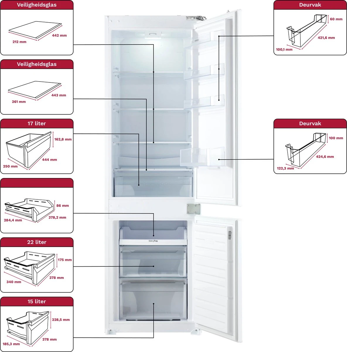 1185x1200 Inventum IKV1786D 178 cm energiezuinige inbouw koel-vriescombinatie - 251 liter - Koelkast met vriesvak 70 liter - Vershoudlade - Supervriezen - Led-verlichting - Deur op deur - Wit - Afbeelding 6