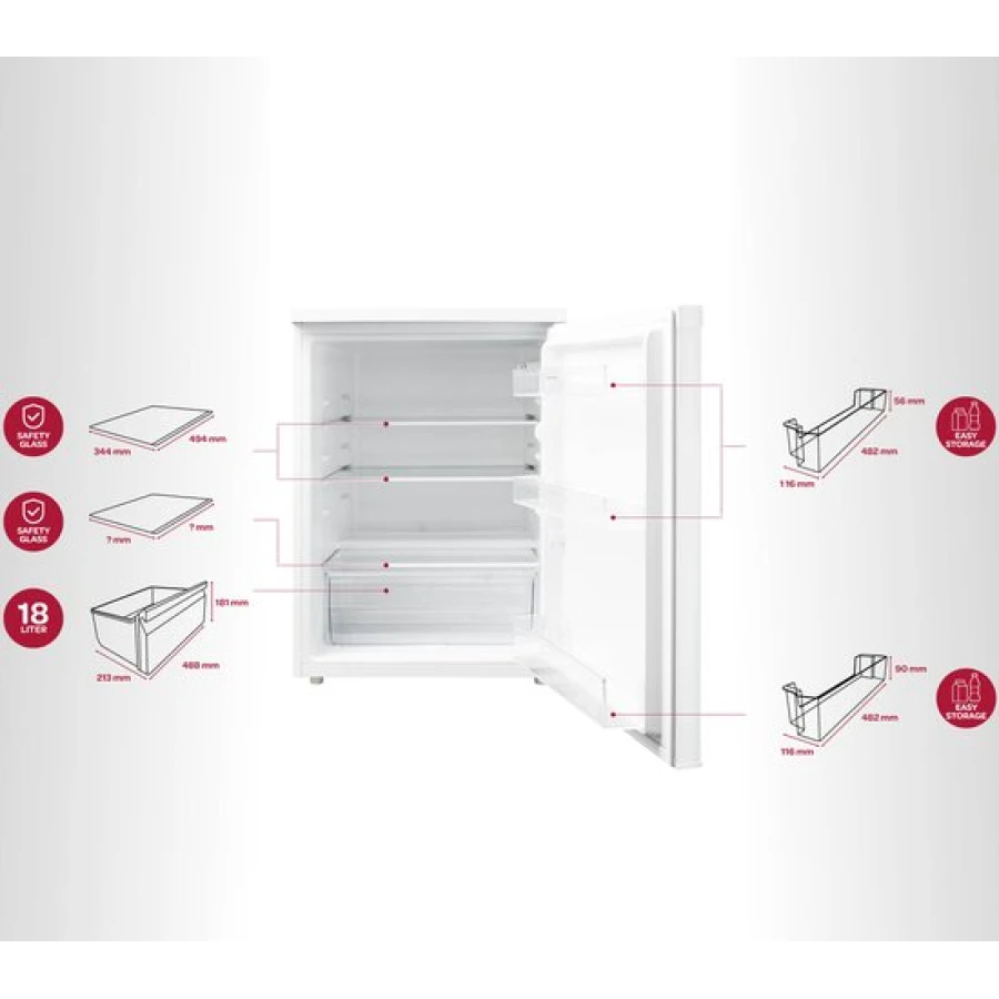 Inventum KK600 tafelmodel koelkast 158 liter - Zonder vriesvak - 60 cm breed - Led-verlichting - Energielabel D - Vrijstaand - Wit - Afbeelding 5