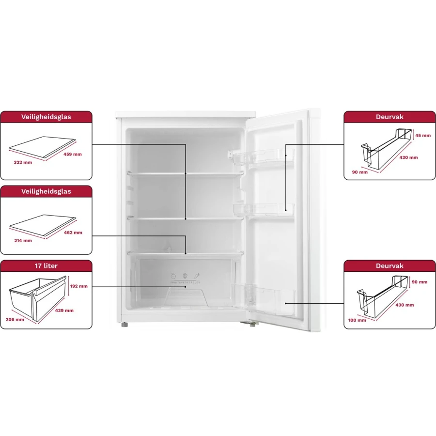 Inventum KK550 tafelmodel koelkast energiezuinig - 131 liter - Zonder vriesvak - 55 cm breed - Superkoelen - Led-verlichting - Energielabel D - Vrijstaand - Wit - Afbeelding 5